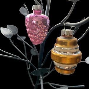 2 Vintage Christmas Ornaments Shiny Brite Pink Grapes Gold Silver Lantern